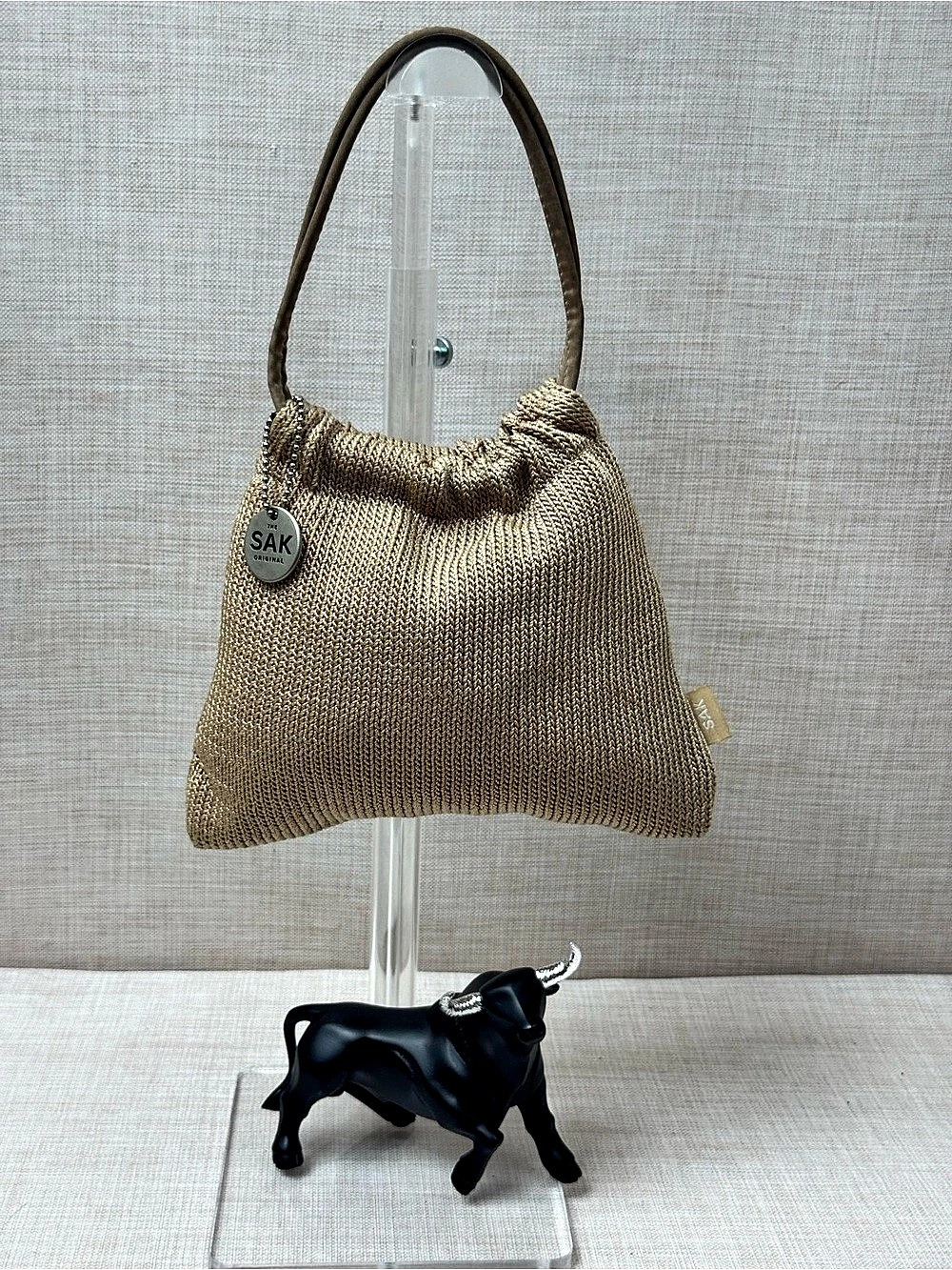 The Sak Original beige- Gold Knit Crochet Small Top Handle Handbag Clutch Y2K